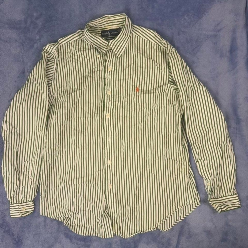 Ralph‎ Lauren green striped button up shirt men size L